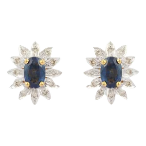 Natural Blue Sapphire and Diamond Flower Studs in 18 Karat Solid Yellow Gold- 2 Pieces