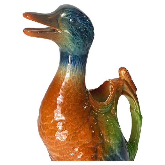 Majolica Duck Mallard Picther from Keller et Guerin Saint Clement, France, 1890s For Sale - Image 3 of 10
