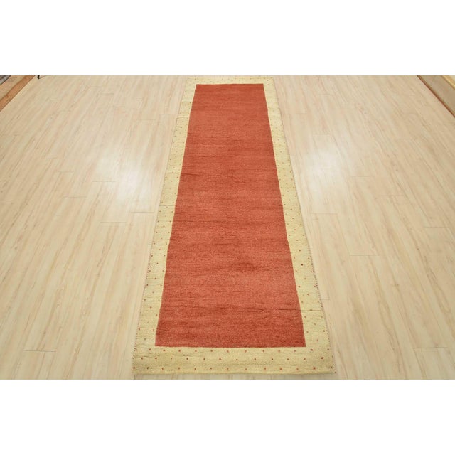 Contemporary Gabbeh Runner 3’4” X 9’8” Red Wool Contemporary Hand-Knotted Oriental Rug For Sale - Image 3 of 13
