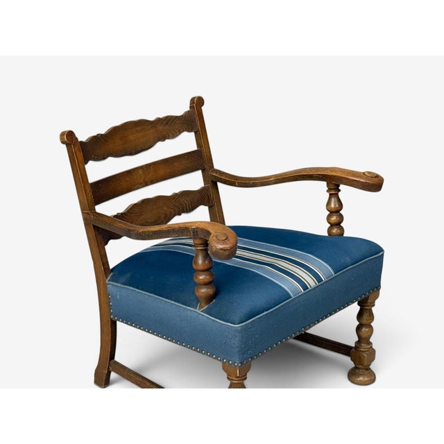 Blue Danish Cabinetmaker, Armchair, Wool, Carved Oak, Denmark, 1920s For Sale - Image 8 of 14
