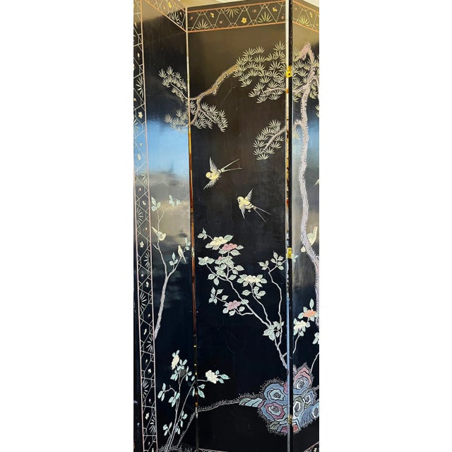 Mid 20th Century Monumental Vintage Asian Coromandel 4-Panel Floor Screen With Incised Painted Details For Sale - Image 5 of 13