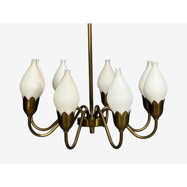 Gemstone 1950s Mid-Century Modern Fog & Mørup, Tulip Chandelier, Opal Glass, Brass For Sale - Image 7 of 12