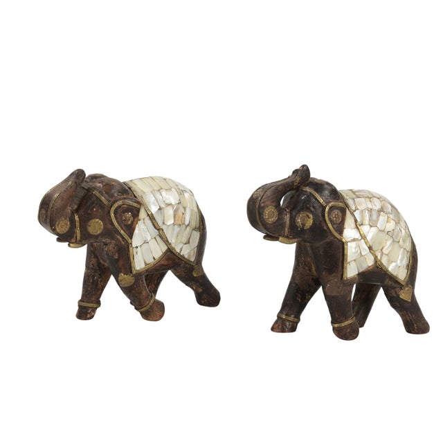Indian 1960s Hand Carved Wooden Elephant Statue With Decorative Inlay & Brass Accents | Elephant Sculpture, Indian Royal Home Decor | For Sale - Image 3 of 4
