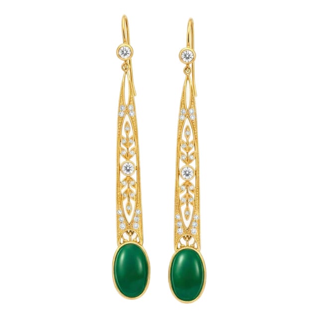 Art Nouveau Green Onyx Drop Earrings Silver, Gold, A Pair For Sale
