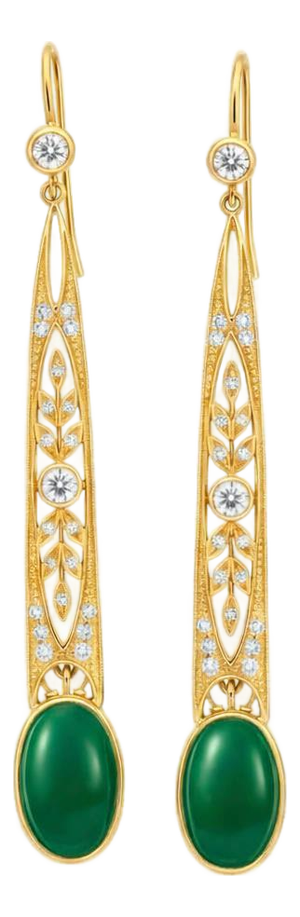 Art Nouveau Green Onyx Drop Earrings Silver, Gold, A Pair