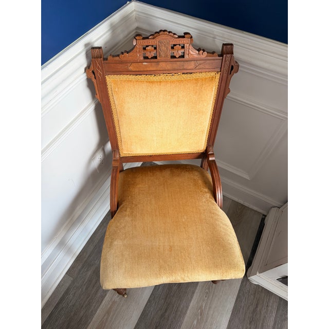 Brass Antique Eastlake Walnut Parlor Chair, Circa 1880s Victorian With Brass Casters For Sale - Image 8 of 12