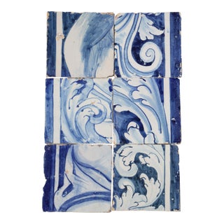 Antique 18th Century Portuguese Baroque Scrollwork Tiles in Cobalt Blue & White, Antique Set of 6 For Sale