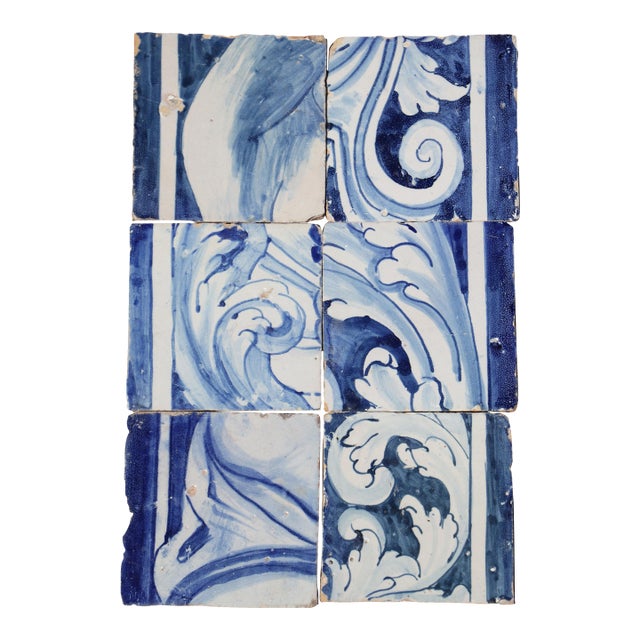 Antique 18th Century Portuguese Baroque Scrollwork Tiles in Cobalt Blue & White, Antique Set of 6 For Sale