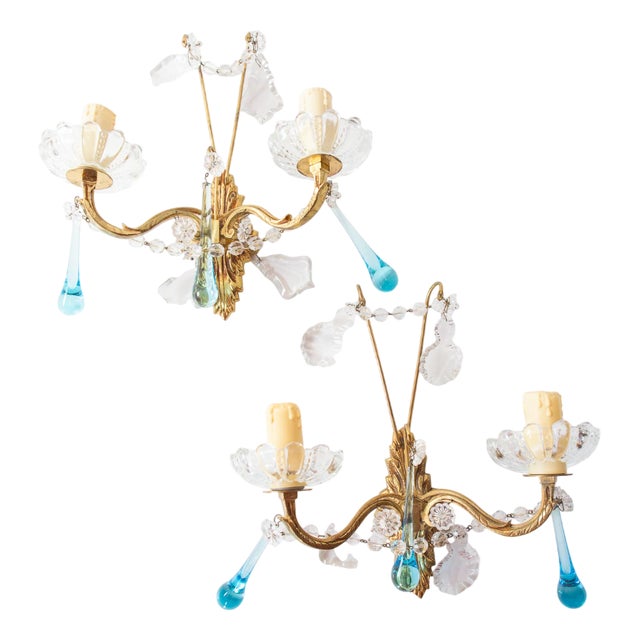 French Brass Wall Sconces with Blue Glass Drops, 1950s, Set of 2 For Sale