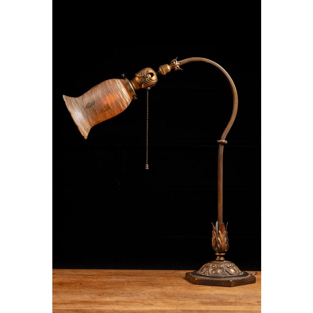 1900s Art Nouveau Table Lamp With Signed Quezal Art Glass Shade For Sale - Image 11 of 14