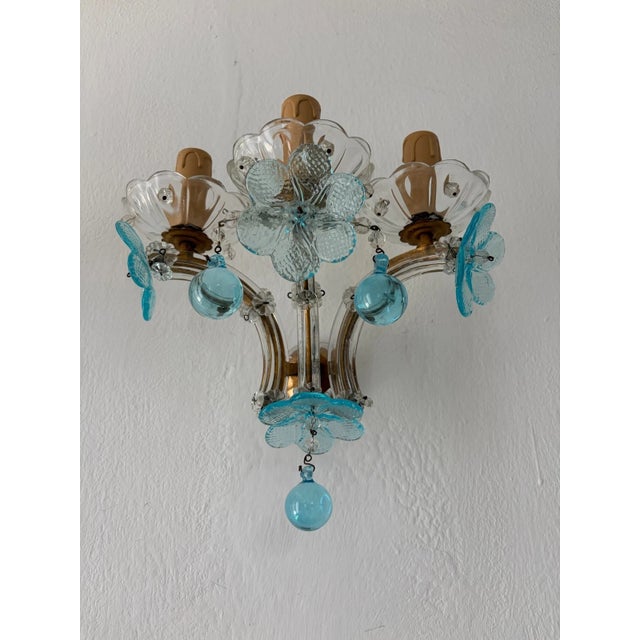 C 1930 Rare Pair Aqua Blue 3 Lights Murano Flowers Crystal Sconces One of Kind For Sale - Image 4 of 12