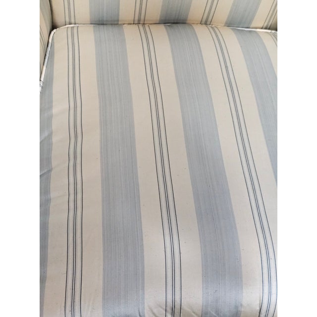 Mid 20th Century Pair Mahogany Chippendale Style Armchairs Wing Chairs Blue Silk Striped Fabric For Sale - Image 4 of 11