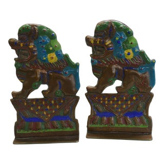 Vintage Mid 20th Century Foo Dog Bookends with Colorful Brass - Set of 2 For Sale