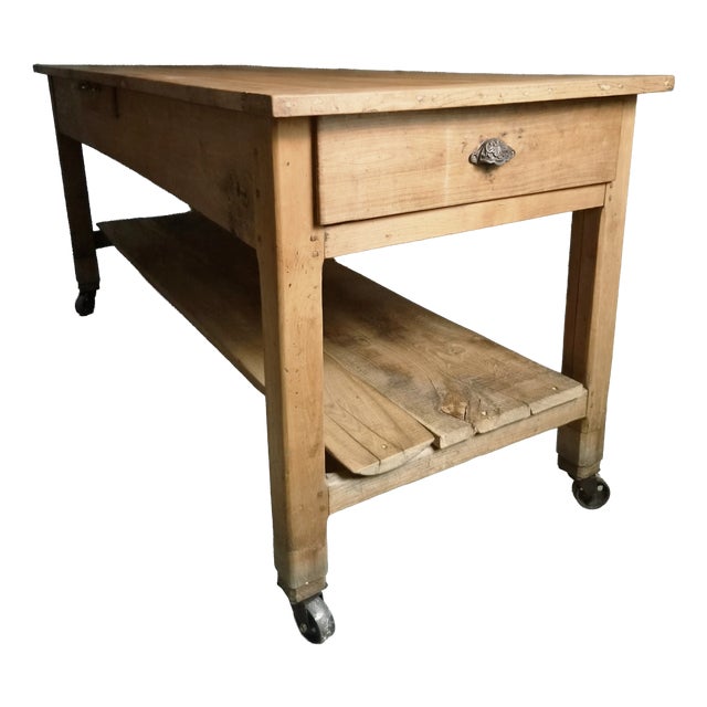 Antique Cherry Wood Kitchen Island Work Table with Drawers, 1890s For Sale