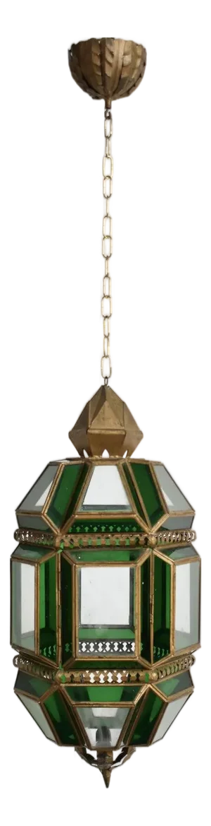 Brass and Green Glass Lantern Ceiling Lamp, 1970s