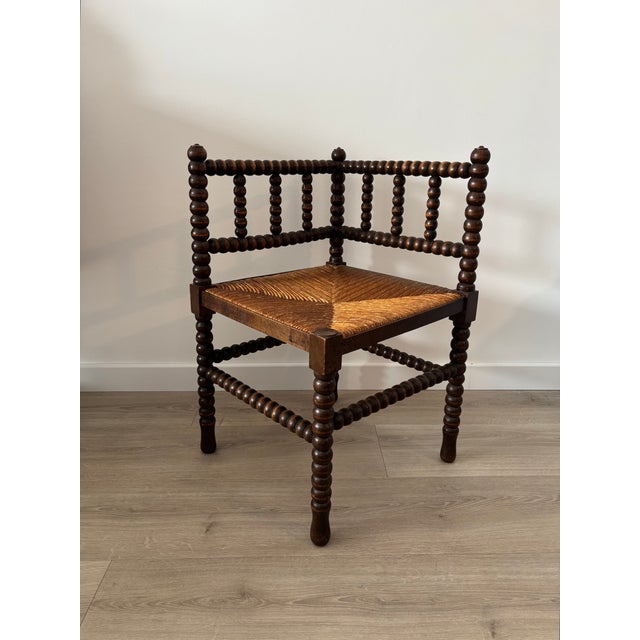 Vintage Corner Chair in Turned Wood with Straw Seat, 1940s For Sale - Image 9 of 12