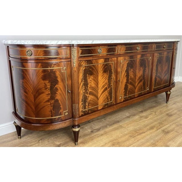 Traditional Vintage French Empire Carved Burr Inlay Sideboard with Marble Top For Sale - Image 3 of 18