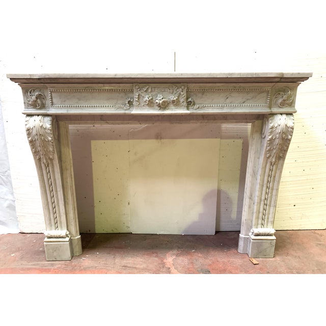 Louis XVI Style Fireplace in White Carrara Marble, 1800s For Sale - Image 9 of 18