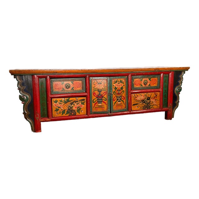 Antique Mongolian Hand-Painted Kang Cabinet / Low Media Console For Sale