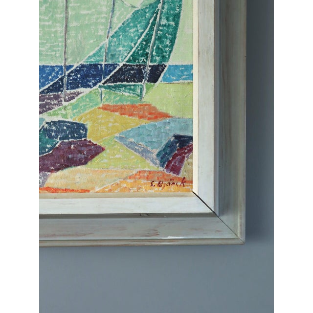 Textile Mid-Century Modern 'Shoreline Colour' Vintage Original Abstract Coastal Landscape Oil Painting, Framed For Sale - Image 7 of 12
