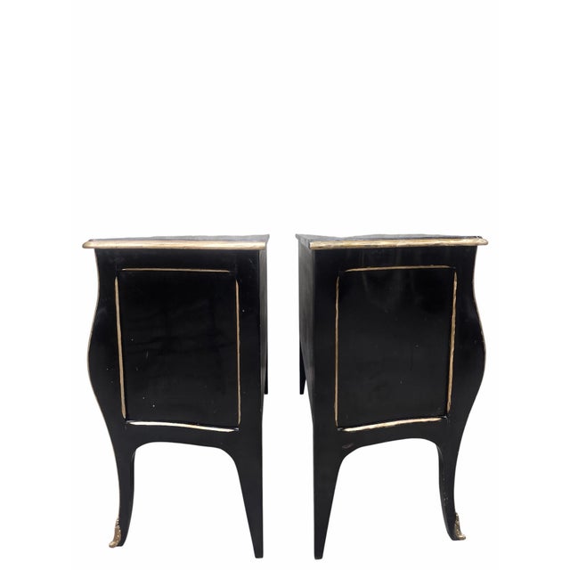 Vintage Louis XV Style Black Lacquer Bombe Commodes by Bodart - Pair For Sale - Image 4 of 12