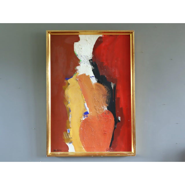WEIGHT OF WARMTH Oil on canvas Size: 32.7 x 22.8 inches (including frame) A striking mid-century modernist abstract...
