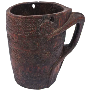 Hand Carved Tribal Wooden Nepalese Beaker Milk Pot With Handle