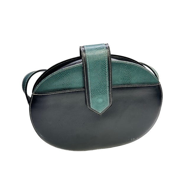 Vintage Pourchet Paris Black Leather & Green Lizard-Embossed Shoulder Bag, Made in France For Sale - Image 4 of 8