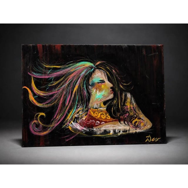 Expressive Female Portrait Canvas Art With Colorful Flowing Hair, 24” X 18” For Sale - Image 4 of 4