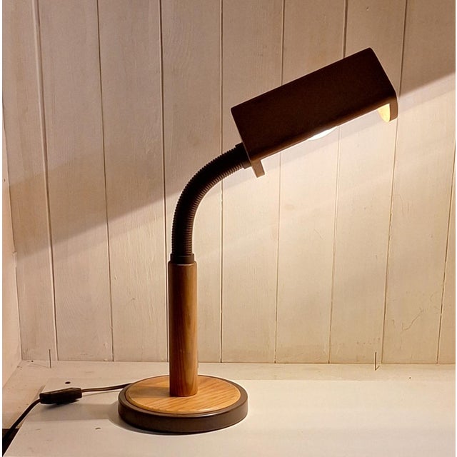 Metal Vintage Adjustable Desk Lamp with Pine and Brown Metal Frame, 1970s For Sale - Image 7 of 7