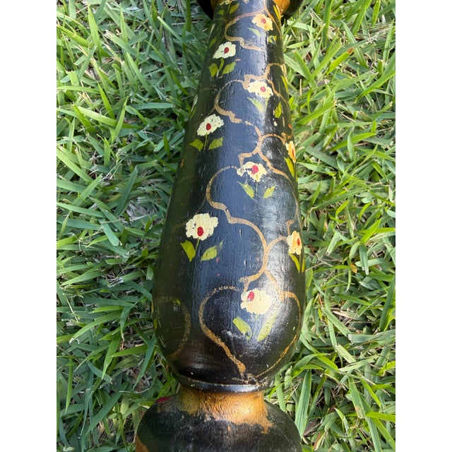Black Vintage Hand-Painted Floral Folk Art Candlestick Sculpture For Sale - Image 8 of 12
