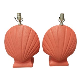 Vintage Custom Painted Coastal Regency Coral Textured Ceramic Clan Shell Form Table Lamps- A Pair For Sale