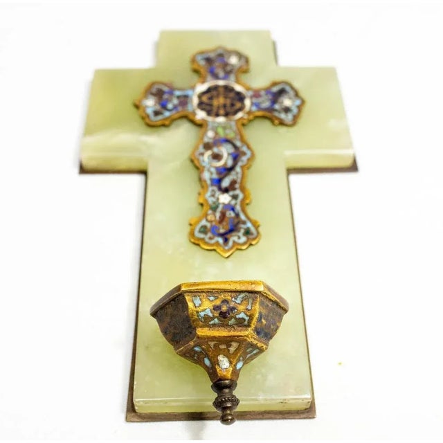 Antique French Napoleon III Champleve Onyx Holy Water Font Crucifix For Sale - Image 5 of 9
