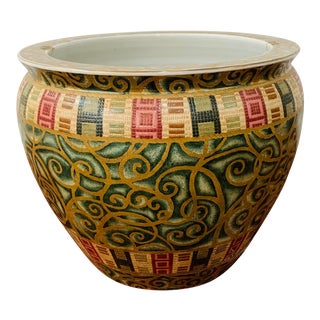 Vintage Chinese Green and Gold Jardinière Planter For Sale