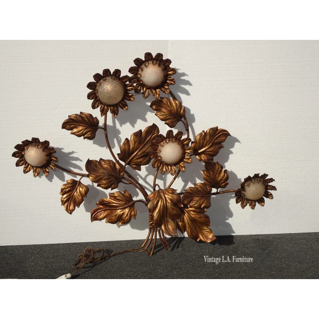 1970s Large 1960's Hollywood Regency Wall Light Gilt Gold Tole Five Arm Sunflower Made Italy For Sale - Image 5 of 12