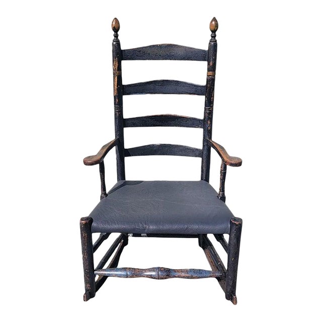 19Thc Early Original Black Painted Ladder Back Rocking Chair For Sale