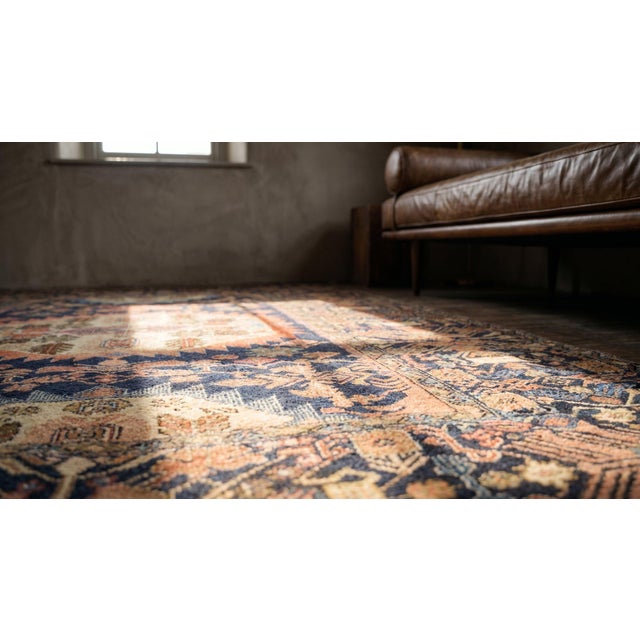Textile 1880s Blue Navy Geometric Tribal Antique Persian Farahan Rug 4'2" X 6'3" Handknotted Wool Carpet For Sale - Image 7 of 9