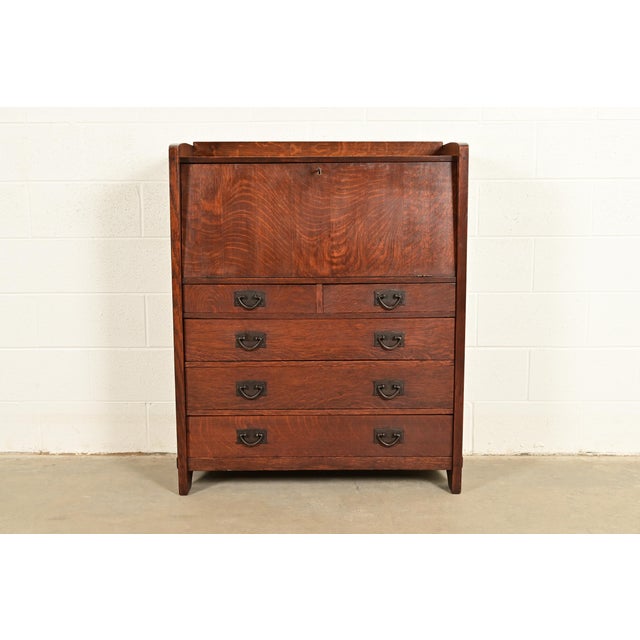 Mission Gustav Stickley Antique Mission Oak Arts & Crafts Drop Front Secretary Desk, Circa 1910 For Sale - Image 3 of 17