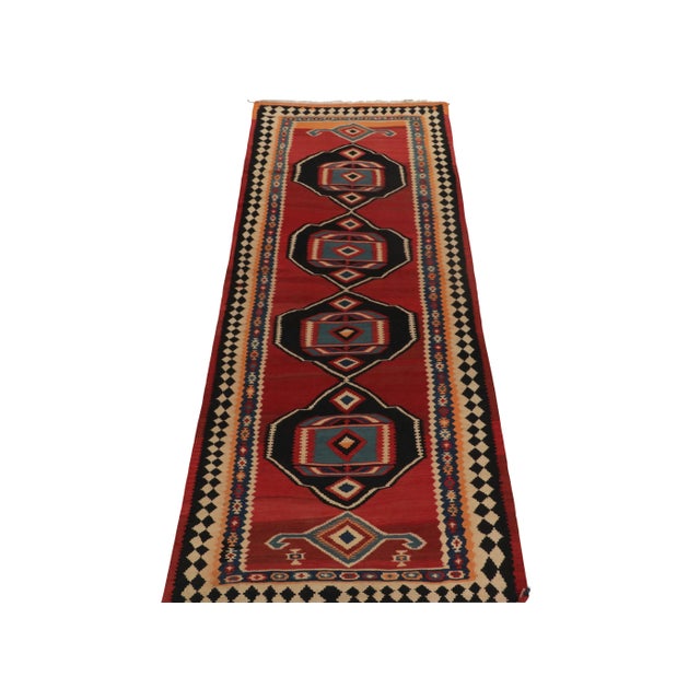 Tribal Vintage Kurdish Kilim Rug in Red With Black and Blue Tribal Medallion Patterns For Sale - Image 3 of 8