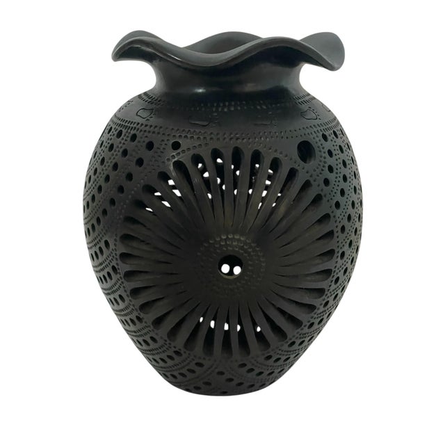 Traditional Oaxacan 9” Art Pottery Barro Negro Vase Mexico Hand Carved Black Clay Round For Sale - Image 3 of 8