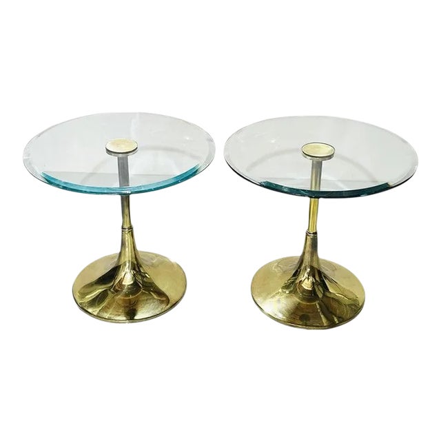 1970s Pair of Charles Hollis Jones "Bugle" Base Side Tables in Brass & Glass For Sale