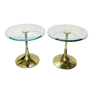 1970s Pair of Charles Hollis Jones "Bugle" Base Side Tables in Brass & Glass