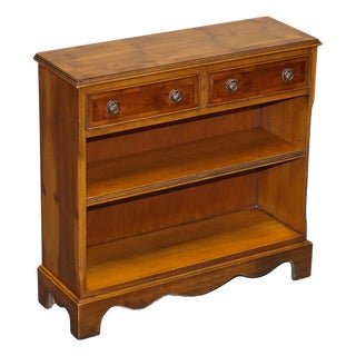 Vintage Burr Yew Wood Open Dwarf Library Bookcase with Two Drawers For Sale