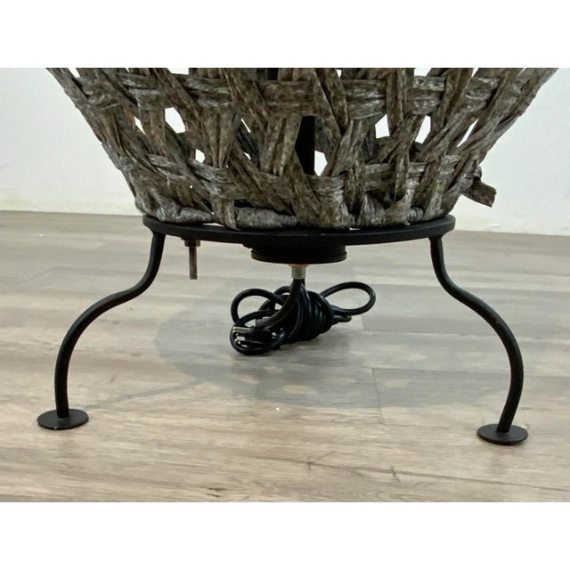Unique Organic Modern Taupe Woven Rattan Outdoor Floor Lamp, black metal base, showroom floor sample
