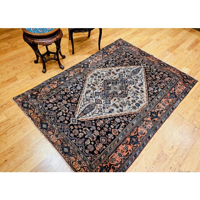Antique Persian Malayer Area Rug, Hand-Knotted Wool, Geometric Medallion Pattern, Ivory & Navy,5x7 For Sale - Image 17 of 17