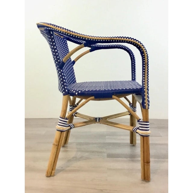 2010s Modern Blue and White Vinyl Bamboo Arm Chair For Sale - Image 5 of 7