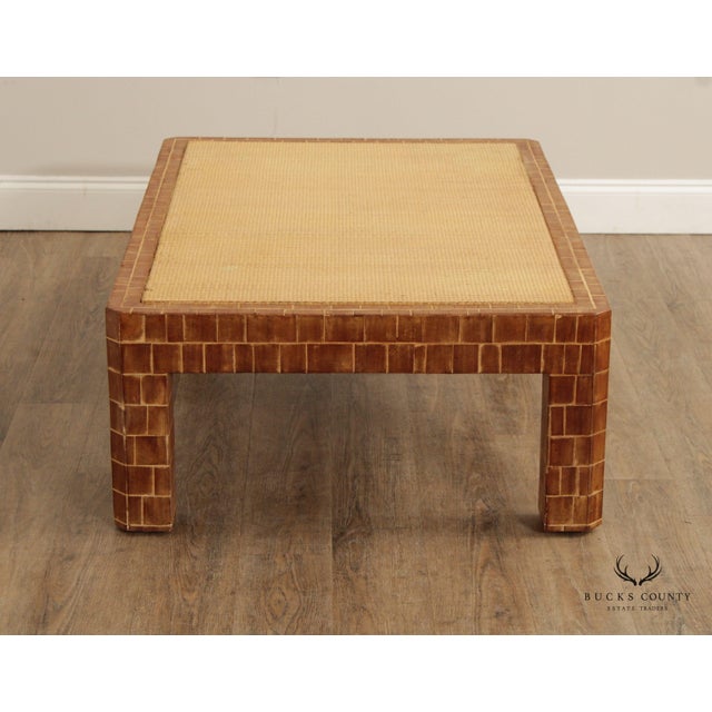 Brown Mid Century Modern Wooden Block Carved Tile Parsons Coffee Table with Wicker Top For Sale - Image 8 of 13