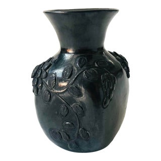 Floral Mexican Black Pottery Vase For Sale