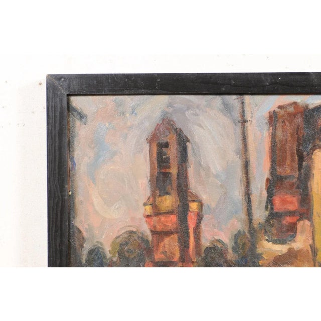 Mid-Century Abstract Painting 'Town Landscape' in a Rustic Black Wood Frame For Sale - Image 10 of 11