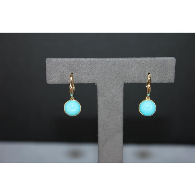 Metal Blue Turquoise Round Cabochon Yellow Gold Huggie Drop Statement Dainty Earrings, A Pair For Sale - Image 7 of 10